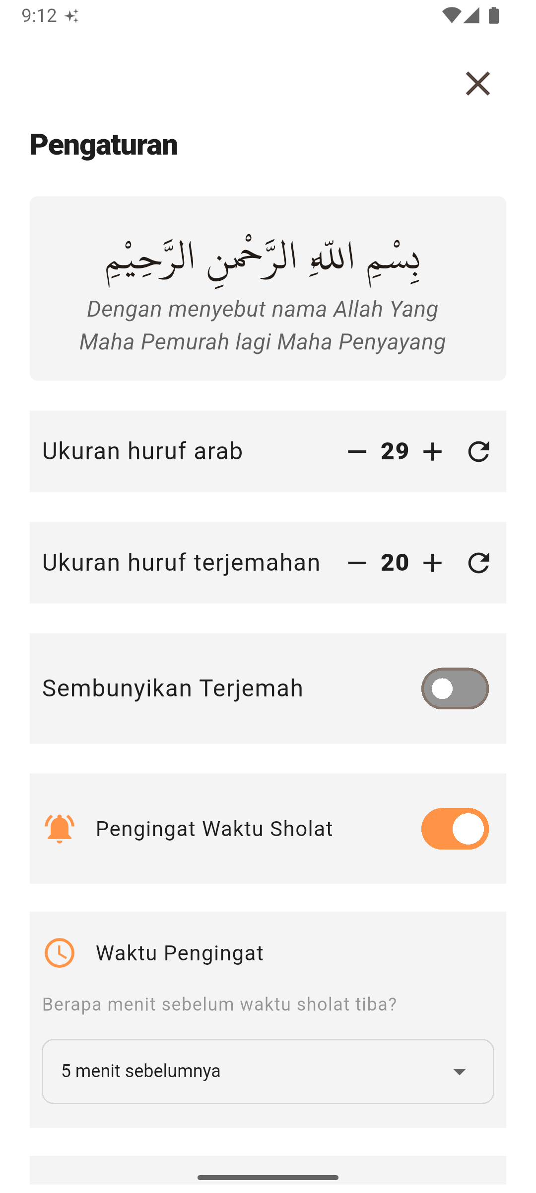 Settings and reminder controls