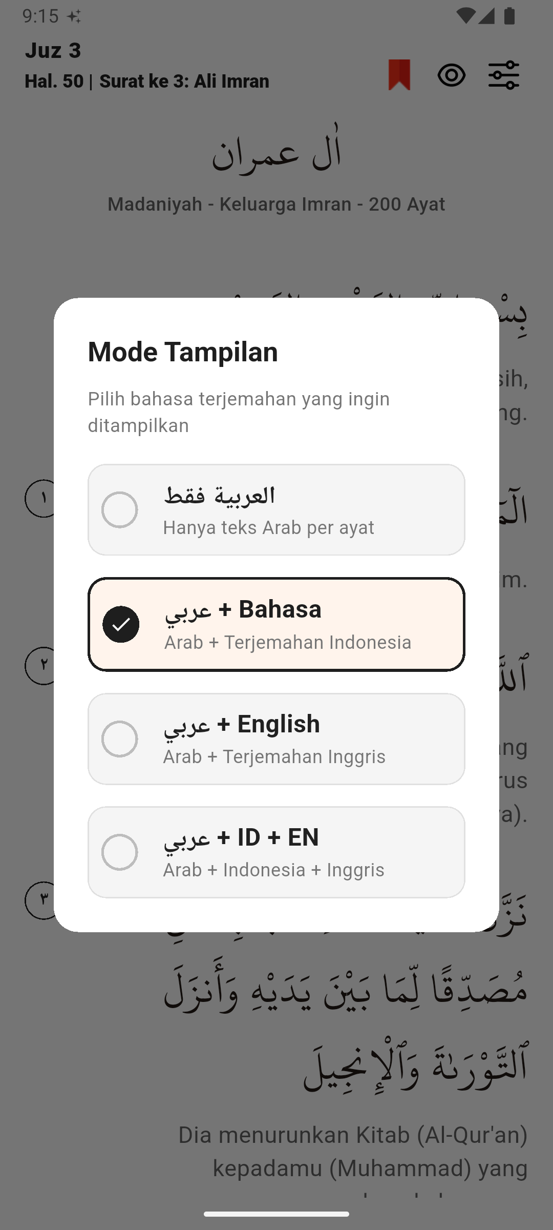 Language and view mode selector